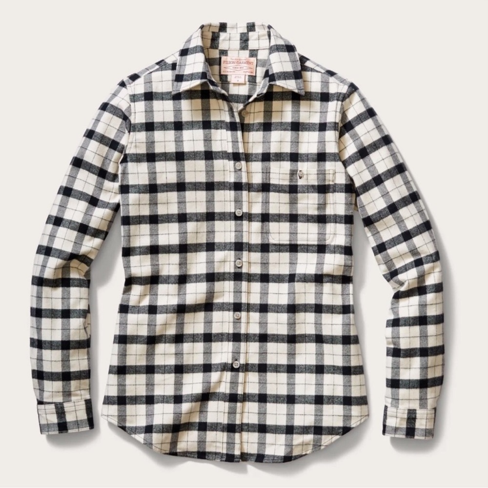 Filson Alaska Guide Flannel Plaid Button Down Shirt  Cream Black Size Small